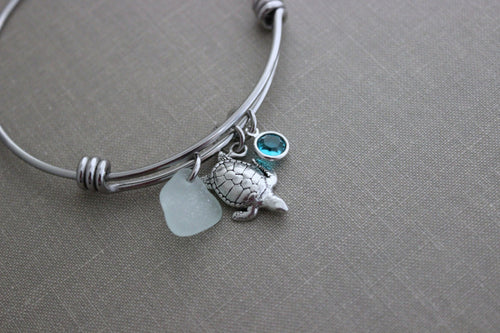 Sea Turtle Charm Bracelet - stainless steel adjustable beach bangle bracelet genuine sea glass Swarovski crystal birthstone gift for friend