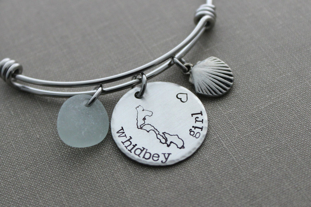 Whidbey Island Girl Bracelet - stainless steel adjustable beach bangle bracelet - silver pewter shell charm, genuine sea glass beach jewelry