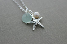 Load image into Gallery viewer, Sterling Silver Starfish Necklace with Genuine Sea Glass and Freshwater pearl , Personalized Beach jewelry - Seastar Necklace
