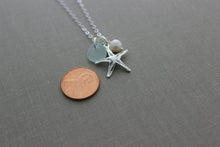 Load image into Gallery viewer, Sterling Silver Starfish Necklace with Genuine Sea Glass and Freshwater pearl , Personalized Beach jewelry - Seastar Necklace
