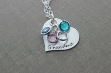 Load image into Gallery viewer, Personalized Hand Stamped Sterling Silver Heart Necklace - Grandma Swarovski Crystal Birthstones - Grandchildren - Grandmother - Gift

