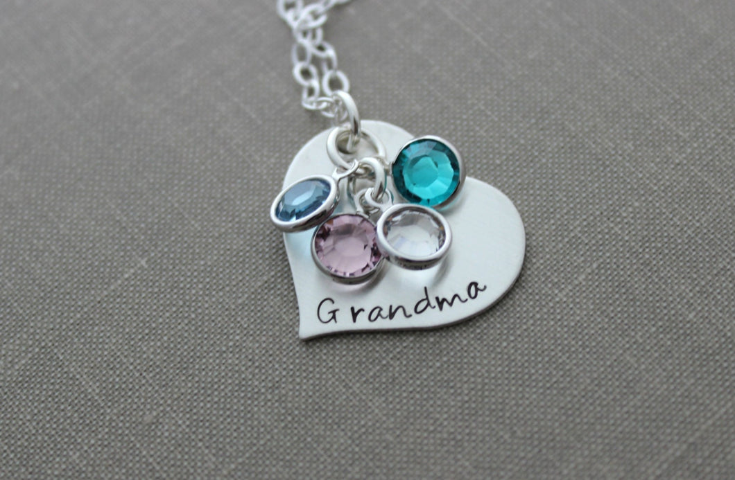 Personalized Hand Stamped Sterling Silver Heart Necklace - Grandma Swarovski Crystal Birthstones - Grandchildren - Grandmother - Gift
