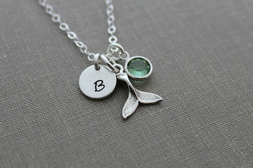 Sterling Silver Tiny Whale tail Necklace with Mini Personalized Initial charm disc and Swarovski crystal birthstone  Beach Jewelry - Custom