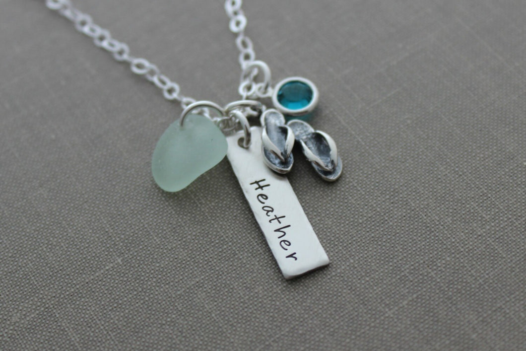 Personalized Sterling silver name bar necklace, hand stamped genuine sea glass, sandals Swarovski crystal birthstone - nameplate customized