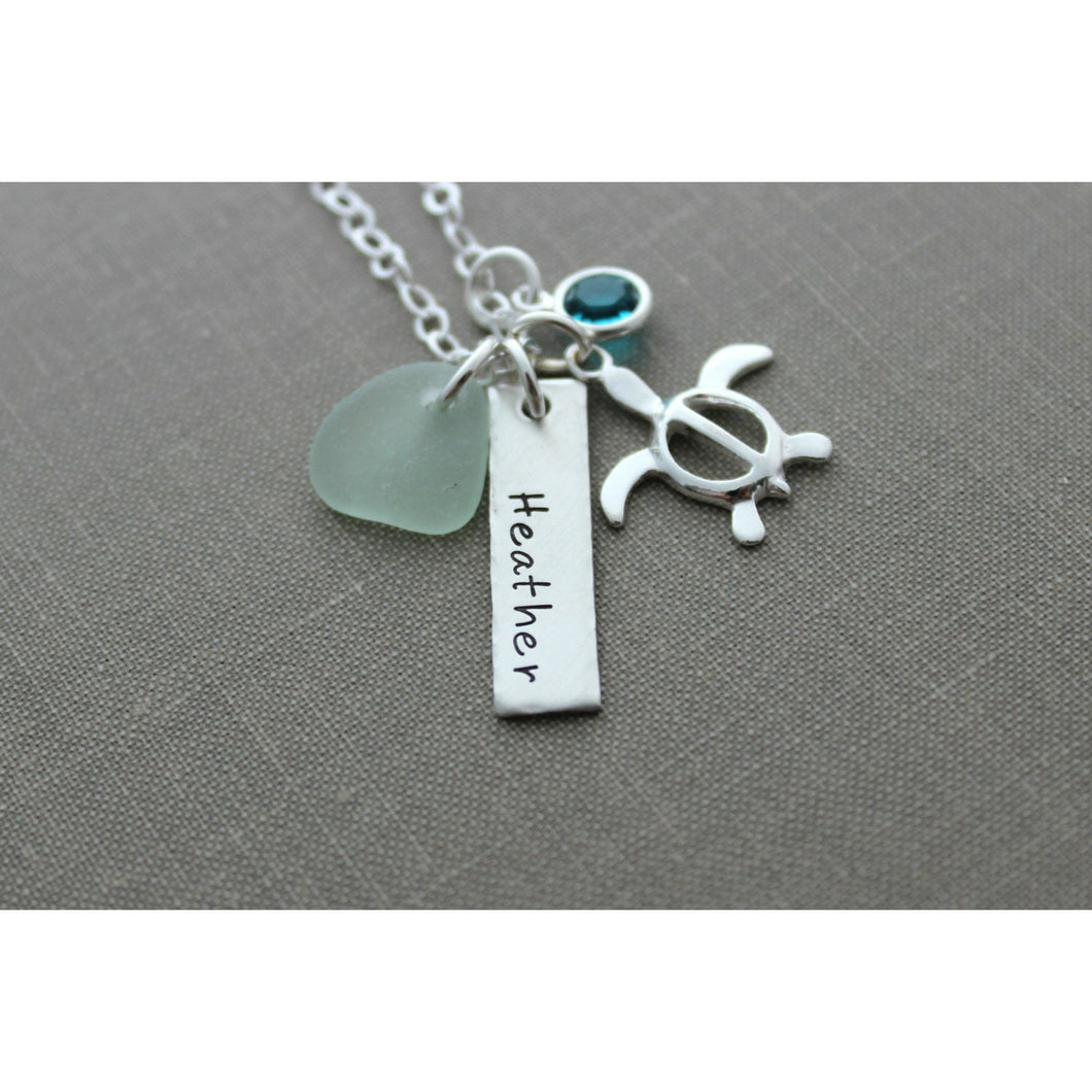 Sterling silver name bar necklace, hand stamped rectangle, genuine sea glass, Swarovski crystal birthstone and sterling sea turtle charm