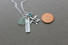 Load image into Gallery viewer, Sterling silver name bar necklace, hand stamped rectangle, genuine sea glass, Swarovski crystal birthstone and sterling sea turtle charm

