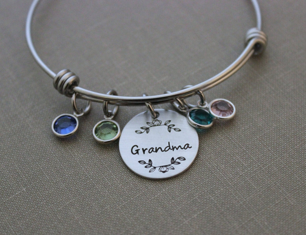 Grandma - Floral wreath Personalized bracelet - stainless steel wire bangle - Swarovski crystal birthstones - gift for Nana, Granny, Mom