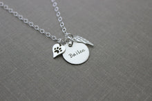 Load image into Gallery viewer, Pet Name Memorial necklace Sterling silver angel wing Dog Paw heart necklace  Loss Sympathy necklace - Remembrance  Paw Print - Personalized
