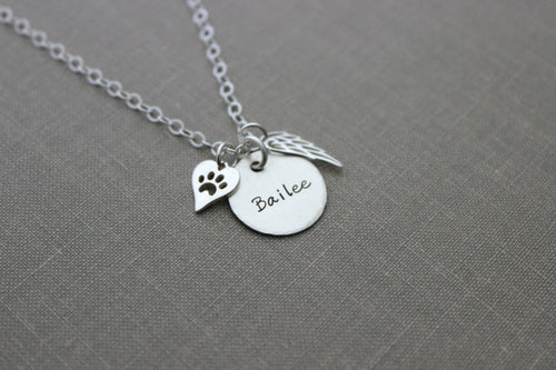 Pet Name Memorial necklace Sterling silver angel wing Dog Paw heart necklace  Loss Sympathy necklace - Remembrance  Paw Print - Personalized