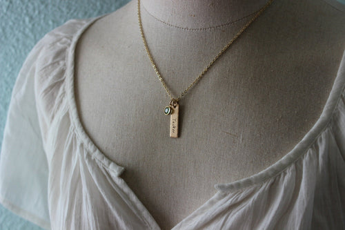 Bronze Skinny Rectangle Bar Name Necklace with Swarovski Crystal Birthstone on gold plated chain, Mommy Jewelry, Personalized Necklace