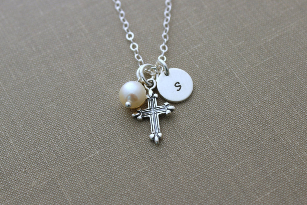 Personalized Charm Necklace with Sterling Silver Cross White Freshwater Pearl and Mini Initial Charm Confirmation Gift Idea - Faith Necklace