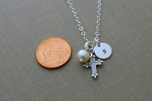 Load image into Gallery viewer, Personalized Charm Necklace with Sterling Silver Cross White Freshwater Pearl and Mini Initial Charm Confirmation Gift Idea - Faith Necklace
