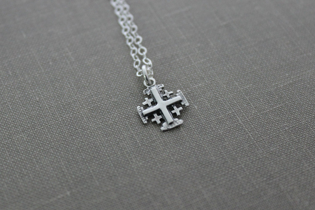 Sterling Silver Jerusalem Cross Charm Necklace - Sterling silver cable chain - Religious Faith Necklace - Simple - Minimalist Tiny