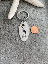 Load image into Gallery viewer, Whidbey Island Motel keychain with GPS coordinates- engraved stainless steel
