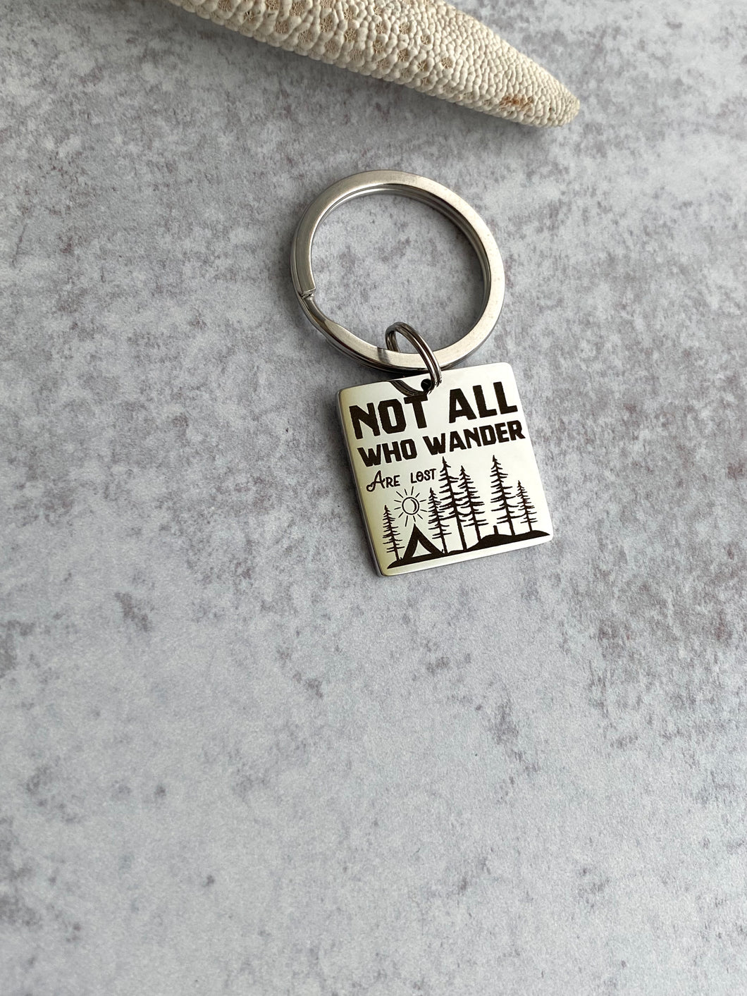 Not all who wander are lost keychain - stainless steel engraved key ring with trees and tent