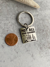 Load image into Gallery viewer, Not all who wander are lost keychain - stainless steel engraved key ring with trees and tent
