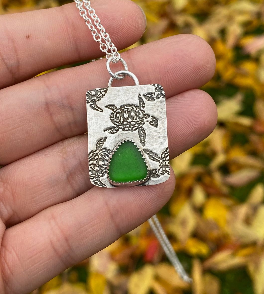 sea turtle sea glass necklace - Kelly green genuine sea glass - sterling silver